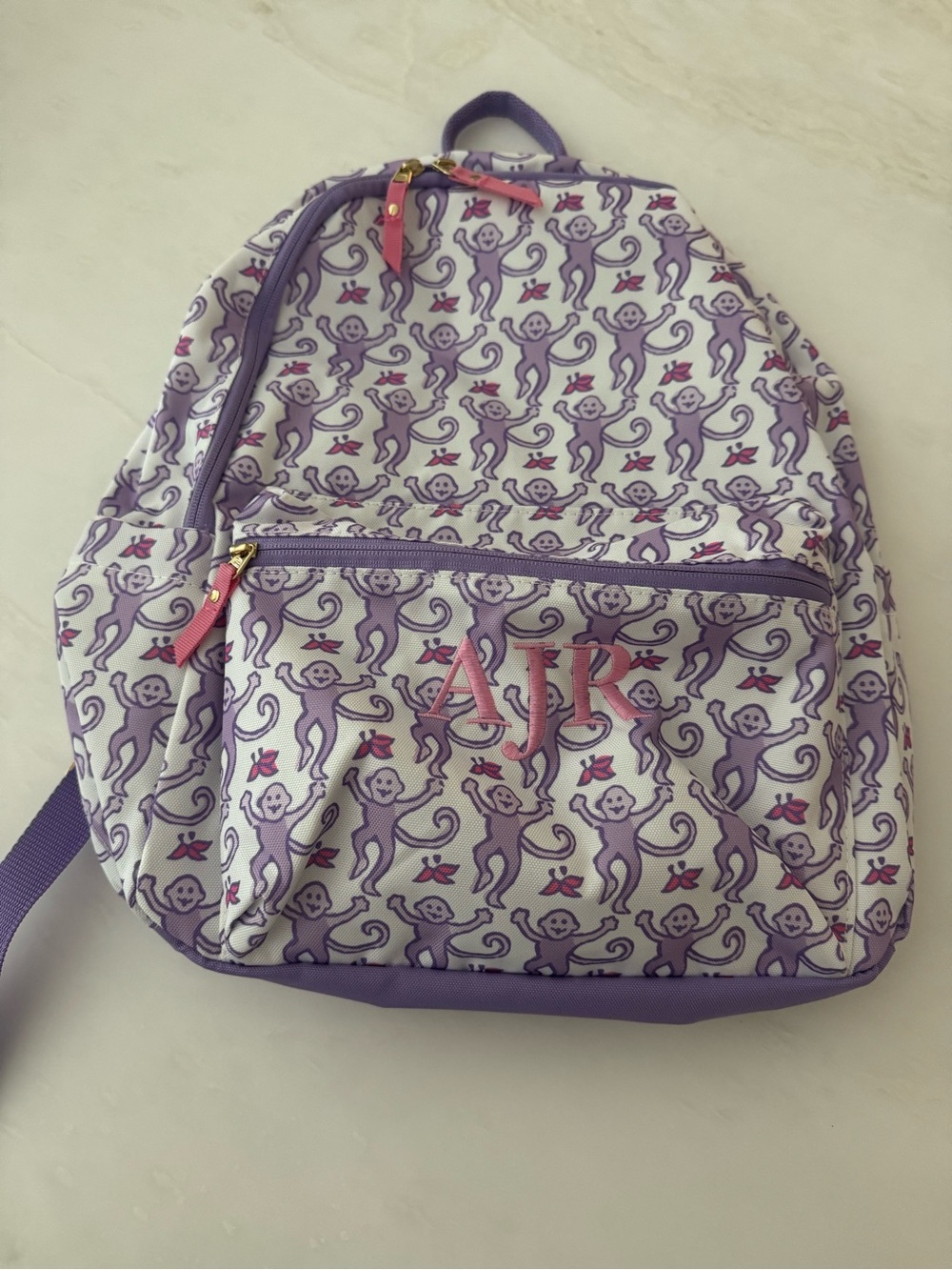 Roller Rabbit Purple Monkey Print Backpack with Pink “AJR” Initials